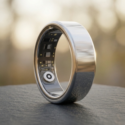 Gros plan de la bague connectée ELYVA Pulse Chrome Astral argentée en acier inoxydable