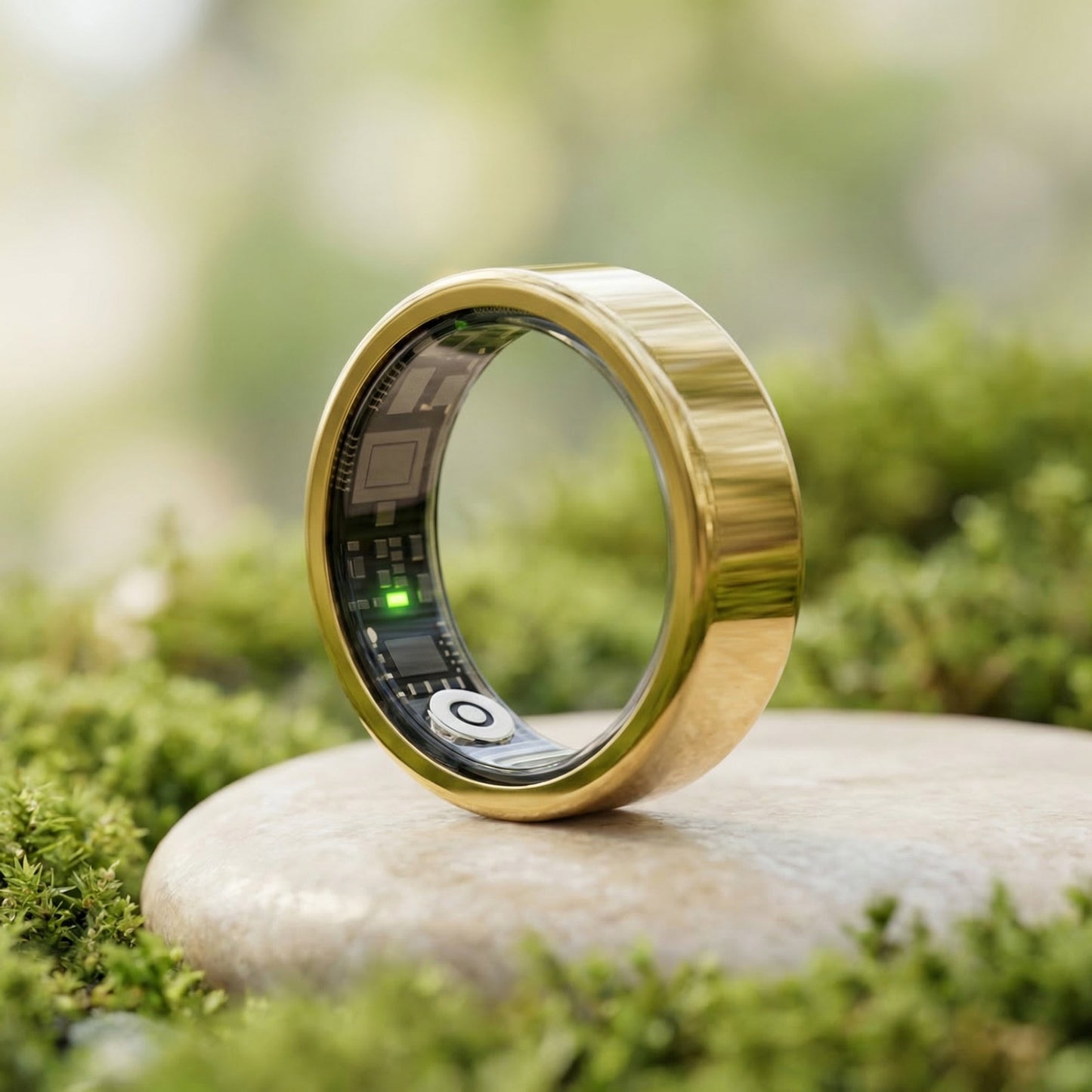 Gros plan de la bague connectée ELYVA Pulse Or Solaire en acier inoxydable