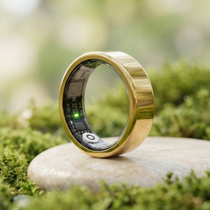 Gros plan de la bague connectée ELYVA Pulse Or Solaire en acier inoxydable