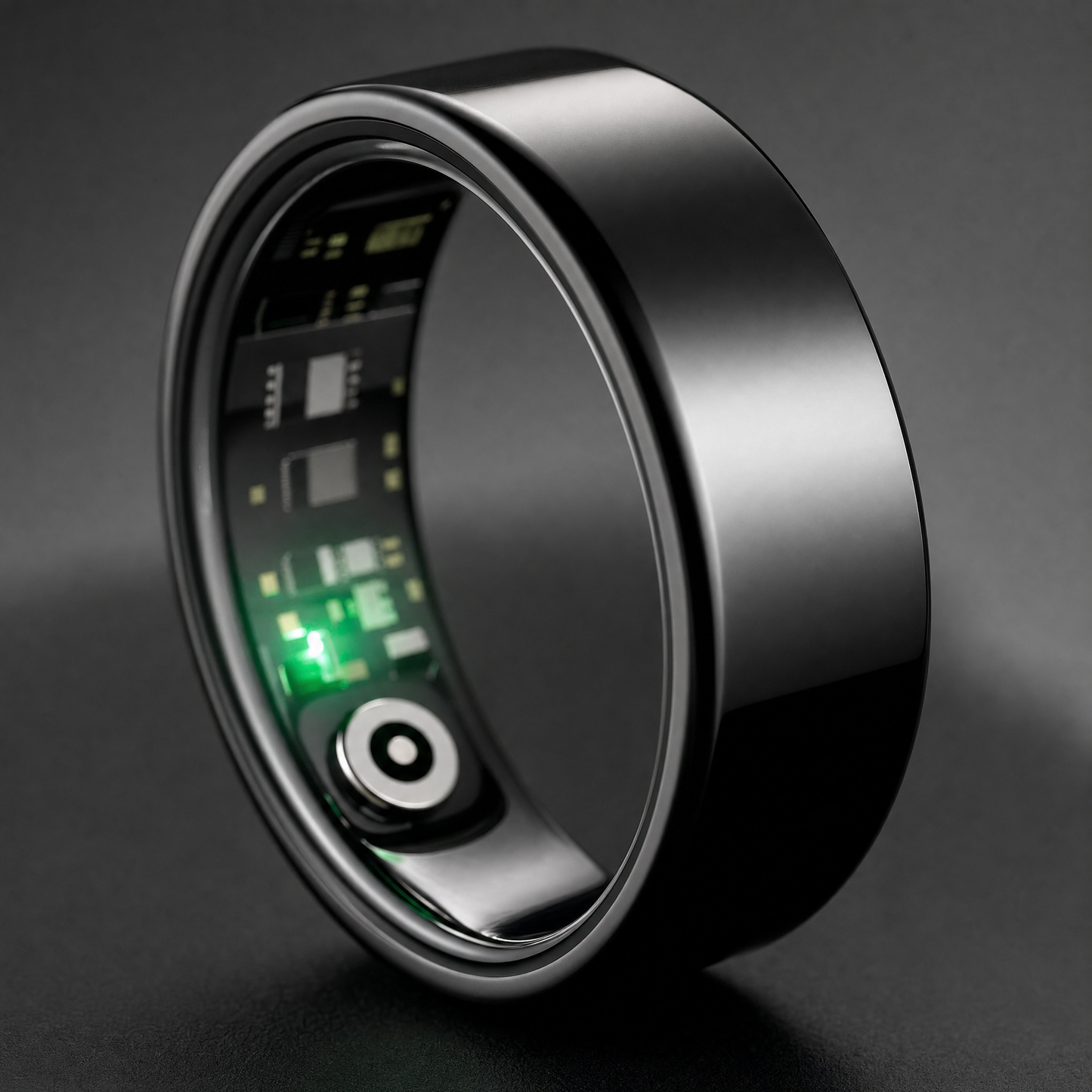 Gros plan de la bague connectée ELYVA Pulse noire et de son capteur