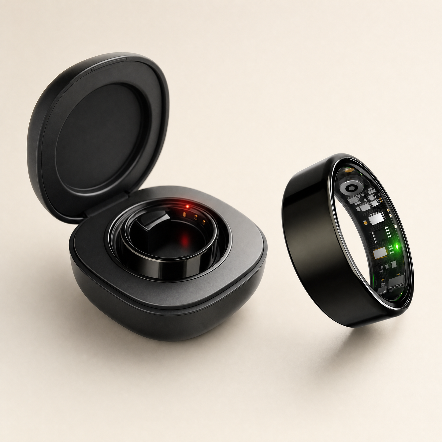 Bague connectée ELYVA Pulse noire avec son boitier de charge